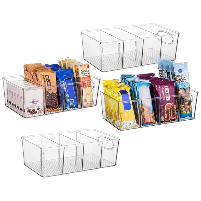 ELTOW 6 Pack Snack Organizer for Pantry, 3 Compartment Plastic Pantry Organizer Bins with Removable Dividers, Chip Organizer for Pantry, Food