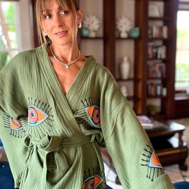 Boho Morning robe, Organic Cotton Spa Robe, Bridal Robe, Evil eye Bathrobe, Bohemian KImono, Music Festival Kimono, Bridesmaid Robe, Gift