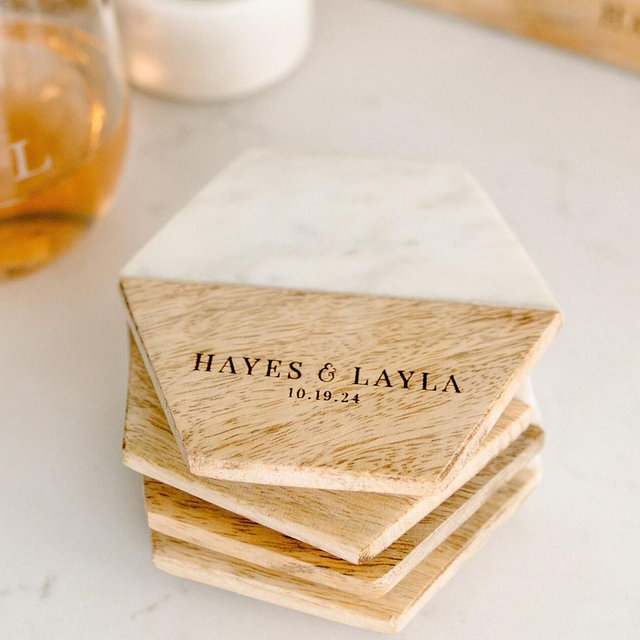 Personalized Coasters, Wedding Gift, Housewarming Gift, Custom Coaster Set, Set of 4 marble and Wood Hexagon Coasters, Engagement gift |