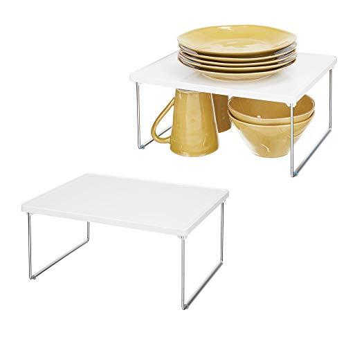 mDesign Decorative Plastic/Metal Storage Shelf - 2 Tier Raised Food and Kitchen Organizer for Cabinets, Pantry Shelves, Countertops, Stackable and Folds Flat - 2 Pack - White/Chrome