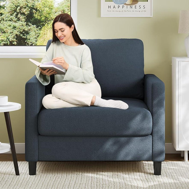 Welzona Sofa Accent Chair, 33" Reading Chair for Bedroom, Tool-Free Setup Living Room Accent Chairs, Comfy Arm Chairs Living Room, All-Wood Reading Nook, Blue Grey