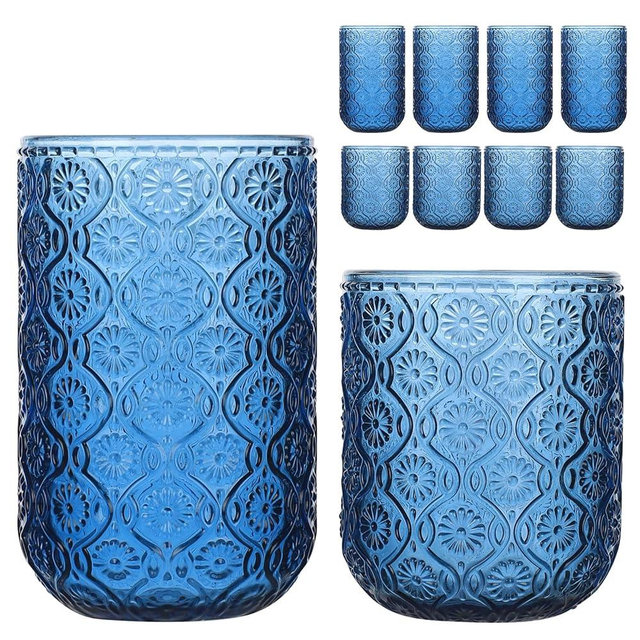 WeirdUncle Set of 8 Vintage Embossed Glassware,4 Highball Glasses 14oz & 4 Rocks Drinking Glasses 9oz, Blue, Art Deco, for Beer, Water, Cocktail, Juice, Whiskey, Gift