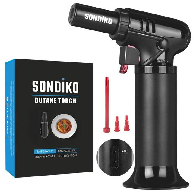 Sondiko Butane Torch with Fuel Gauge, Refillable Kitchen Torch Lighter with Safety Lock and Adjustable Flame, One-handed Operation, Fit All Butane Tanks Kitchen Torch for Desserts, Creme Brulee