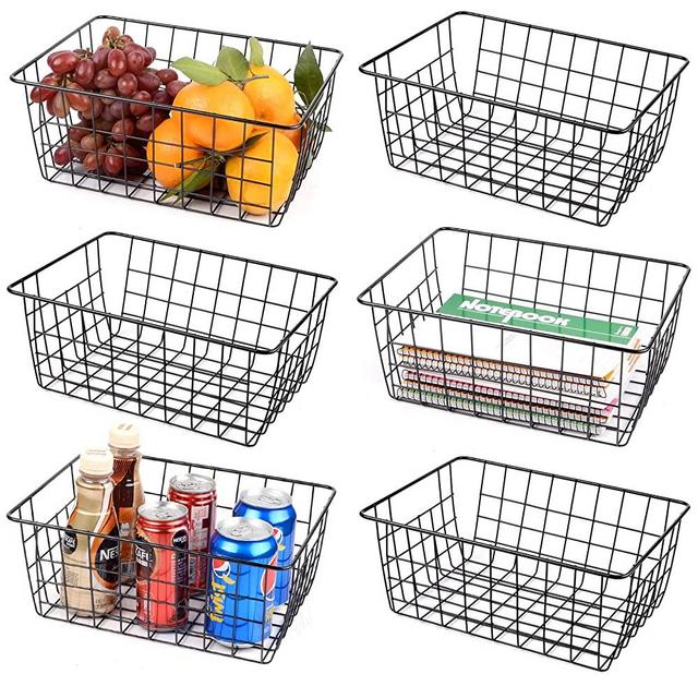6PCS Wire Storage Baskets, Premium Metal Storage Organizer Basket, Small Size Metal Baskets for Home Office Kitchen, Black