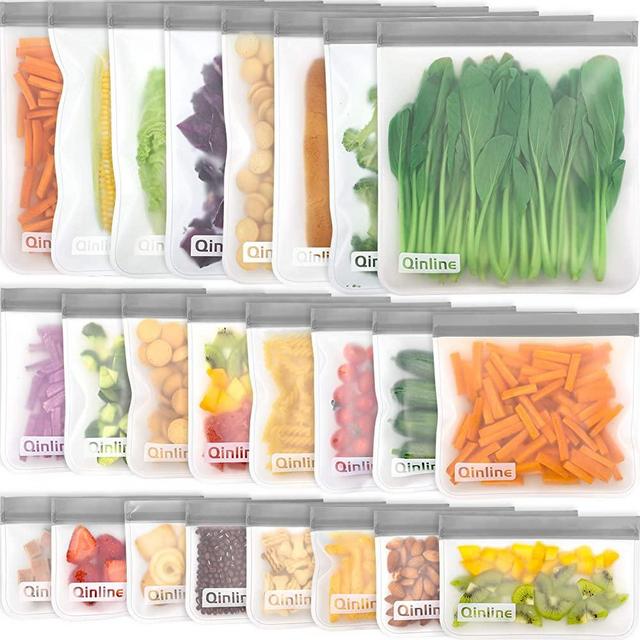 Reusable Food Storage Bags - 24 Pack BPA FREE Flat Freezer Bags(8 Reusable Gallon Bags + 8 Leakproof Reusable Sandwich Bags + 8 Food Grade Kids Snack Bags) Resealable Lunch Bag for Meat Fruit Veggies