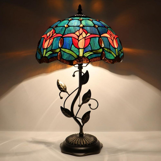 LXHCYOU Tiffany Table Lamp, Stained Glass Desk Light, W12H19 Inch, Metal Leaf Base (Tulip Style)