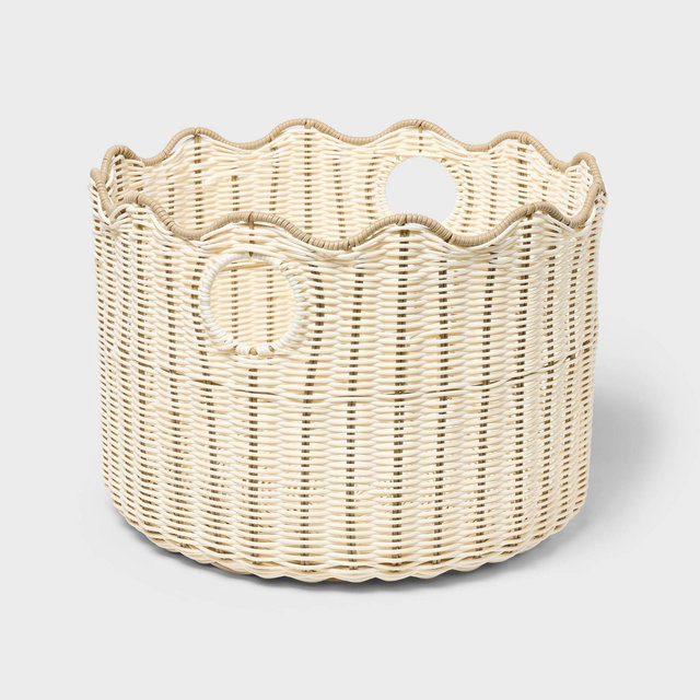 Scalloped Poly Rattan Floor Basket Cream - Brightroom™