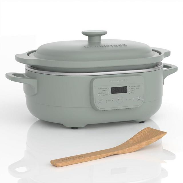 MAGNIFIQUE 4 Quart Claypot Multi-Cooker, with 8-in-1 Casserole Programmable Slow Cooker, Dutch Oven, Pasta, Nonstick Oven Safe Pot to 500°F, Olive