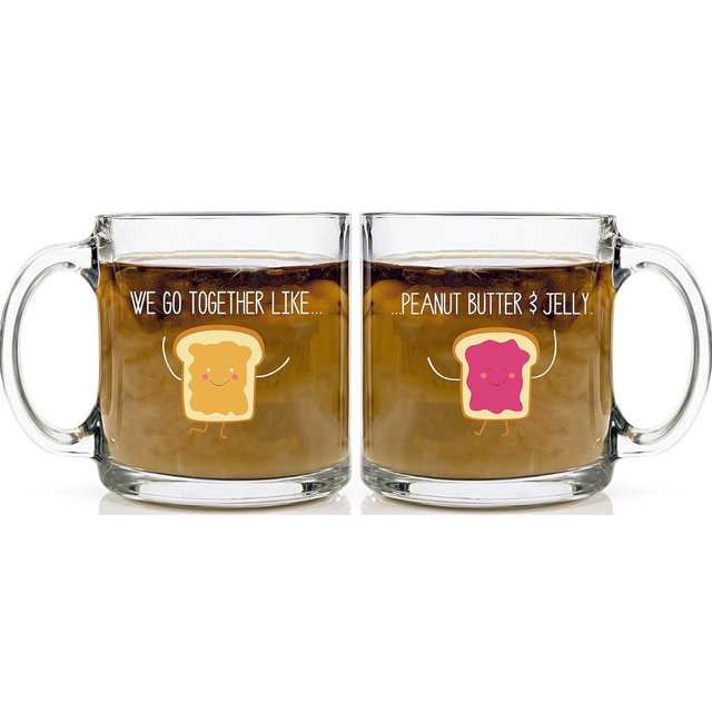 Funnwear Peanut Butter & Jelly Coffee Glass 2 Mugs Perfect For Wedding, Bride, Engagement, Anniversary or Birthday for Couples Mr.Right and Mrs Always Right - 13oz Glass Tea Mug Set