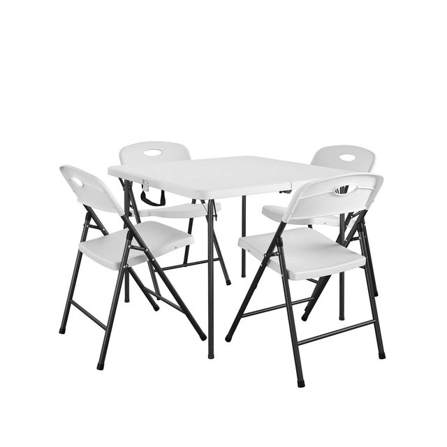 COSCO 36" Fold-in-Half Card Table with Handle and 4 Resin Folding Chairs with Seatback Handles, White