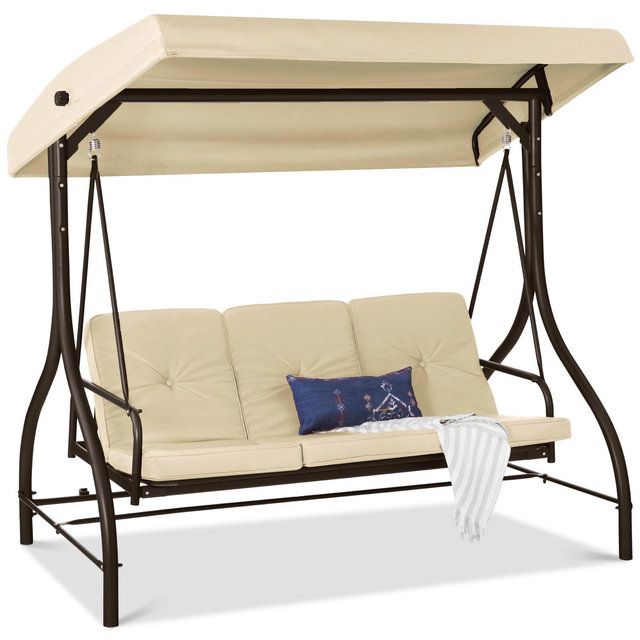 Best Choice Products 3-Seat Outdoor Converting Canopy Swing Glider Patio Hammock w/ Removable Cushions - Ivory