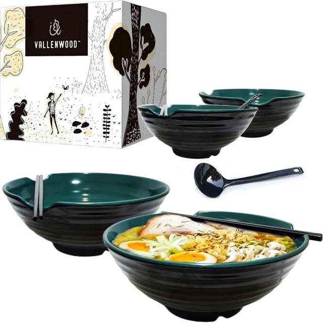 4 XL Ramen bowl set, 12 Pieces Pho Bowls Set, Asian Japanese soup with Spoons and Chopsticks. Restaurant Quality Melamine, 52 oz for Noodles, Udon, Thai, Chinese dinnerware (Green Black, 9 inch x4)