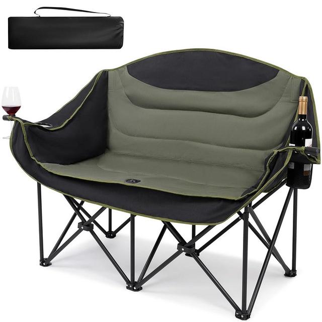 UBALANCE Double Camping Chair with Cup Holder Wine Glass Holder Portable Adult Outdoor Folding Chair with 650 lbs Recliner Camping Chair for Festivals, Camping and Beaches (Army Green)