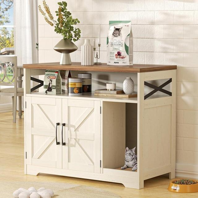 Halitaa Cat Litter Box Enclosure,Hidden Litter Box Furniture Cat Washroom with Cat Scratch Pad,Farmhouse Indoor Cat House End Table,White