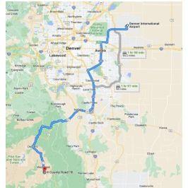 From Denver International Airport this route is paved until you reach 67 where portions of this route are dirt roads. This route does not include tolls Drive Time: Approx. 1 hour 52 Minutes