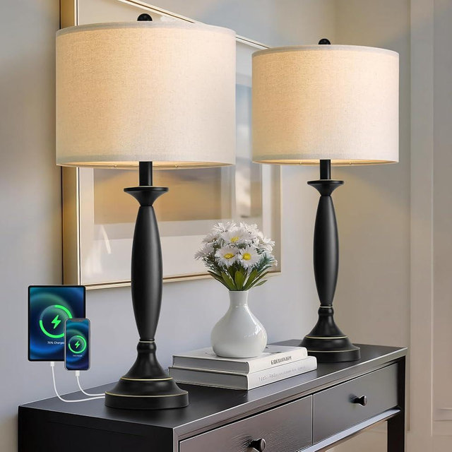 Oneach 28" Modern Table Lamps Set of 2 for Living Room, Black Metal Bedside Lamps with USB Ports, Nightstand Lamps Set for Bedroom End Table Home Office(Bulbs not Included)