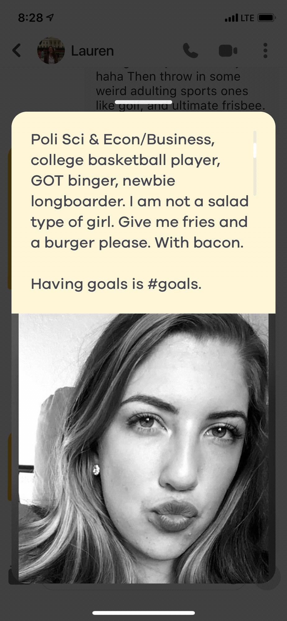 Lauren's Bumble bio that certainly caught Sam's attention.