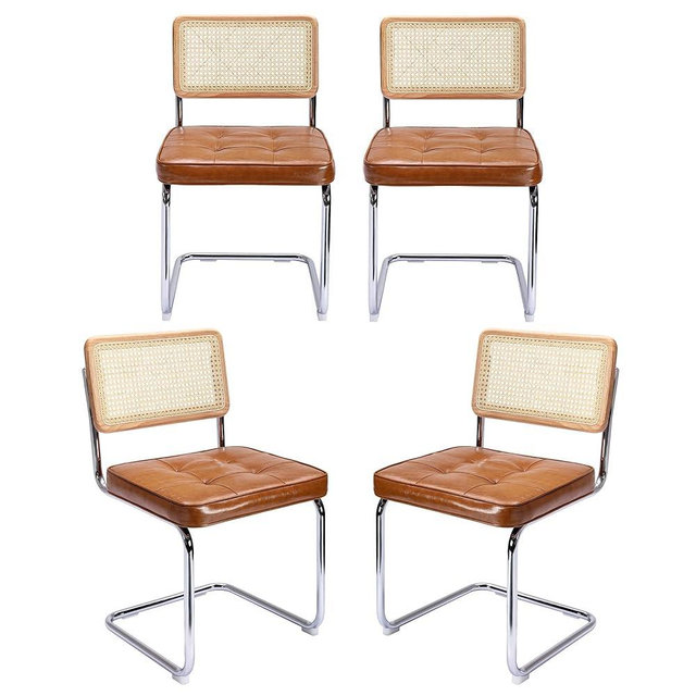 Zesthouse Mid-Century Modern Dining Chairs 4 Pcs, Accent Rattan Kitchen Chairs, Armless Mesh Back Cane Upholstered Leather Chairs with Metal Chrome Legs, Brown