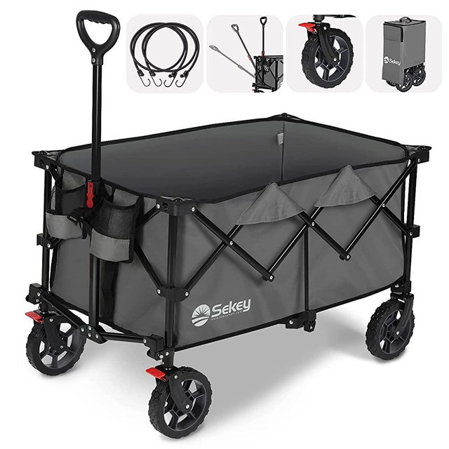 Sekey Collapsible Foldable Wagon with 220lbs Weight Capacity, Heavy Duty Folding Utility Garden Cart with Big All-Terrain Beach Wheels & Drink Holders. Grey