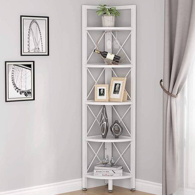 Tribesigns 5 Tier Corner Shelf, Modern Corner Bookshelf Small Bookcase Corner Storage Rack Plant Stand for Living Room, Home Office, Kitchen, Small Space (White)
