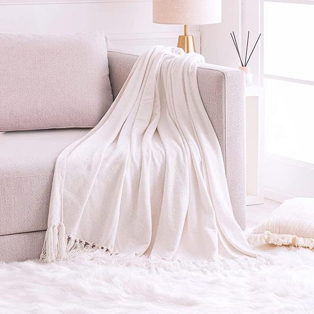 FRESHMINT Throw Blanket Soft Fluffy Chenille with Decorative Tassel Fringe for Home Decor Sofa Couch Bed Gift 60 x 50 Inch, White