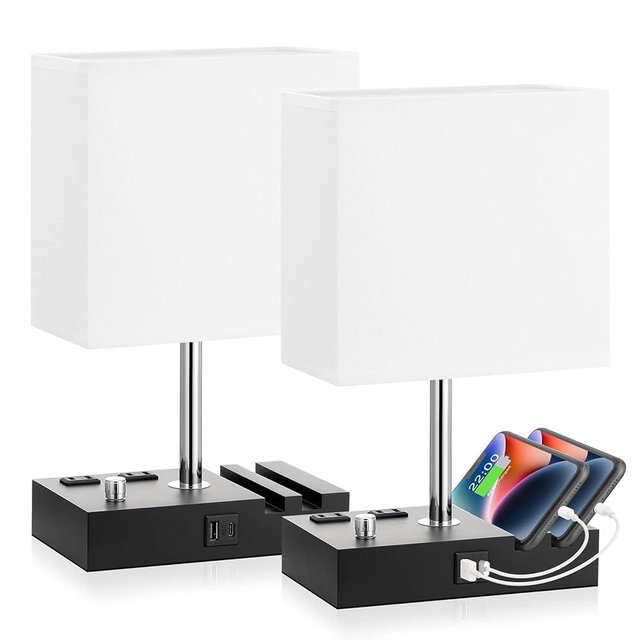 Fully Dimmable Bedside Lamps for Bedroom with USB C Ports, Kakanuo White USB Table Lamp Set of 2, Wooden Desk Lamp with 2 Charging Outlets and Phone Stand for Nightstand and Living Room, Bulb Included