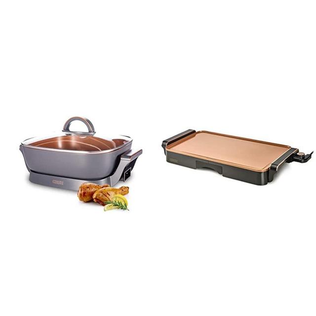 Crux Extra Deep Nonstick Scratch Resistant Electric Skillet, silver (14620) & Electric Griddle with Copper Ceramic Coating, Heat Resistant Handles, Extra Large, (14619)