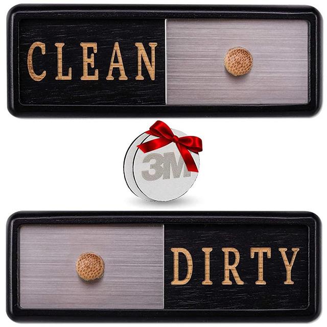 TEYGA Bamboo Dishwasher Magnet - Unique Clean / Dirty Shutter Sign with Brushed Stainless Steel Gliding Window - Position on Dishwashing Machine with No-Scratch Strong Magnets or 2-Sided Tape Included