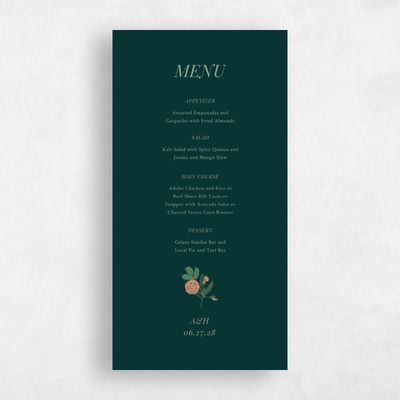 Dark Emerald, Green Wedding Menu - Pomeroy