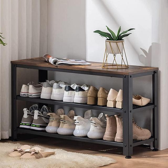APICIZON Shoe Bench, 3-Tier 35.5 Inches Shoe Rack for Entryway with Long Seat and Metal Shelves, Industrial Storage Bench with Steel Structure for Living Room, Bedroom, Mudroom, Rustic Brown