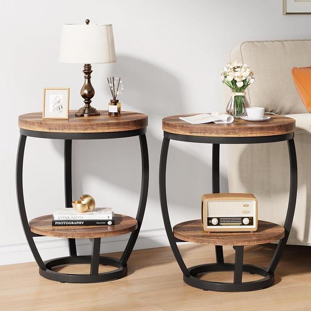 Condemo Round End Table Set of 2, 2 Tier Industrial Side Table, Nightstand with Metal Frame, Accent Bedside Table with Storage Shelves for Living Room, Bedroom, Small Spaces, Rustic Brown & Black