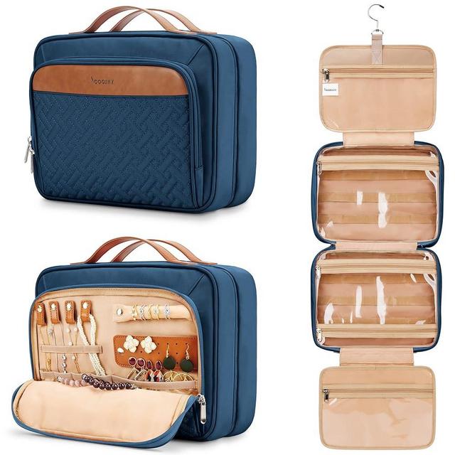 Travel Hanging Toiletry Bag for Women, Extra Large Makeup Bag, Holds Full-Size Shampoo, with Jewelry Organizer Compartment, Waterproof Cosmetic Bag, Toiletries Kit Set with Trolley Belt, Navy Blue