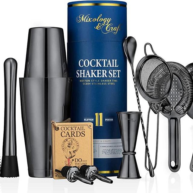 11-piece Cocktail Shaker Set | Mixology Bartender Kit with Weighted Boston Shaker and Bar Tools Set For Home or Professional Bartending | Best Cocktail Set for Awesome Drink Mixing Experience (Black)