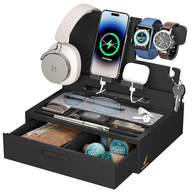 Pezin & Hulin Wooden Charging Station, Bedside Nightstand Tray, with Spacious Drawer, Felt Pads for Phones, Watch, Idea Gifts for Him Birthday, Son, Christmas for Papa Fathers Day