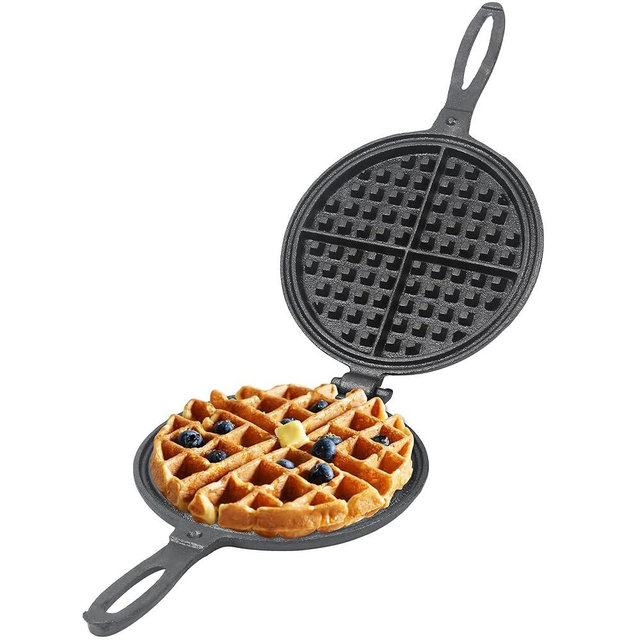 LRWZOV Cast Iron Waffle Maker - 8 inch Round Stovetop Waffle Iron, Two Piece Hinged Non-Electric, Quick Heating, Easy Clean