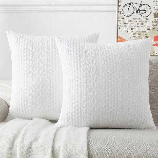 Cikary Decorative Throw Pillow Covers 22x22 Set of 2 for Sofa Bed with Raised Twisted Rope Pattern, Stretchy Embossed Couch Pillow Covers, White