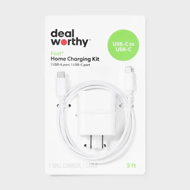 2-Port 25W Wall Charger with 3' USB-C to USB-C Cable - dealworthy™ White