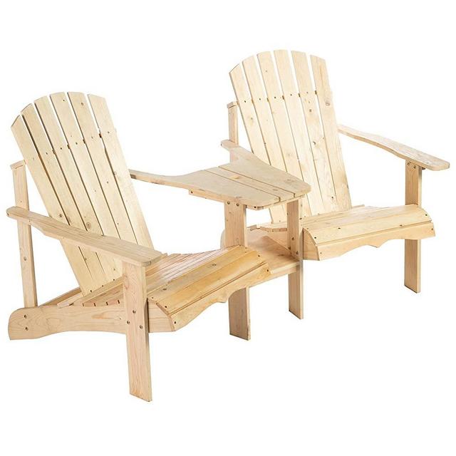 Outsunny Wooden Outdoor Double Adirondack Chairs with Center Table and Umbrella Hole, Perfect for Lounging and Relaxing, Natural