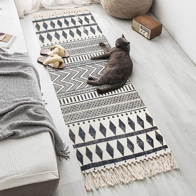 USTIDE Ultra Long Cotton Area Rug with Tassel Hand Woven Printed Rug Kitchen Runner Washable Mat Entryway for Bedroom, Kitchen, Laundry Room (2.3ftx6ft, Black and Cream)