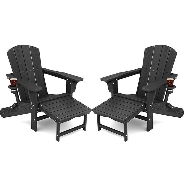 KINGYES Folding Adjustable Adirondack Chair with Retractable Ottoman Set of 2, HDPE Oversized Outdoor Chair with Cup Holder, Wood-Like Reclining Versatile Adirondack Chair, Black