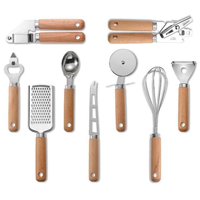 BRIIEC 9 Pieces Kitchen Gadget Set with Wooden Handle, Stainless Steel Kitchen Tools Bottle/Can Opener, IceCream Scoop, Pizza Cutter, Peeler, Garlic Press, Cheese Knife/Grater, Whisk.