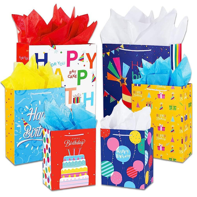 Birthday Gift Bag with Handle and Tissue Paper, 12 Pcs Gift Bags Assorted Sizes and Designs, Large, Medium, Small Size Birthday Gift Bag for Boys, Girls, Women and Men’ Birthdays Party ( Sizes 15.5”, 13”, 9” )