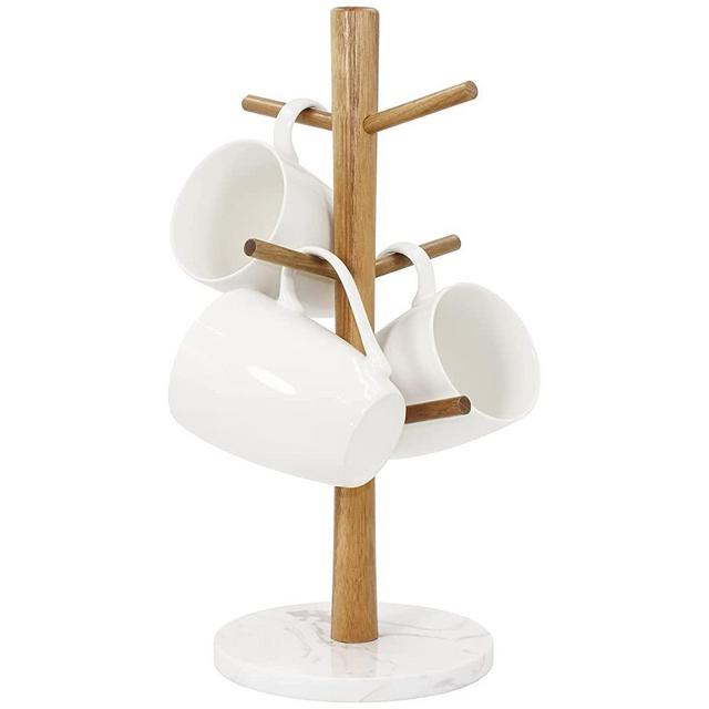 Buruis Wood Mug Holder, Marble Base Cup Rack Tree, Mug Stand Hanger, Kitchen Coffee Mug Tree Countertop Tea Cups Holder Stand, Coffee Cup Dryer with 6 Hooks (Round base White)