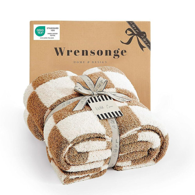 WRENSONGE Fall Checkered Throw Blanket, Burnt Orange Soft Cozy Fluffy Warm Hand Made Throw Blankets for Couch, Sofa, Chair, Bed, Camping, Picnic, Travel Lightweight Bed Blanket - 50"*60"