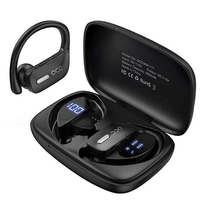 Occiam Bluetooth Headphones-True Wireless Earbuds 48Hrs Playtime Earphones TWS Deep Bass Loud Voice Call Over Ear Waterproof with Microphone Smart LED Display for Sports Running Gaming Workout（Black