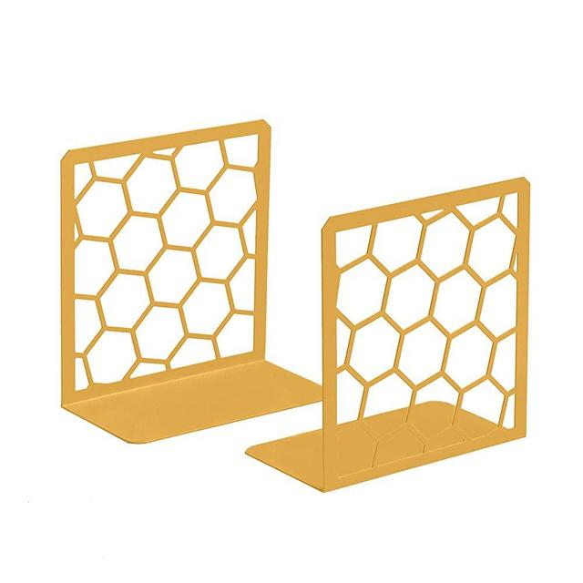 Premium Gold Bookends Geometric Honeycomb Metal Book Ends (1 Pair) Book End for Shelves