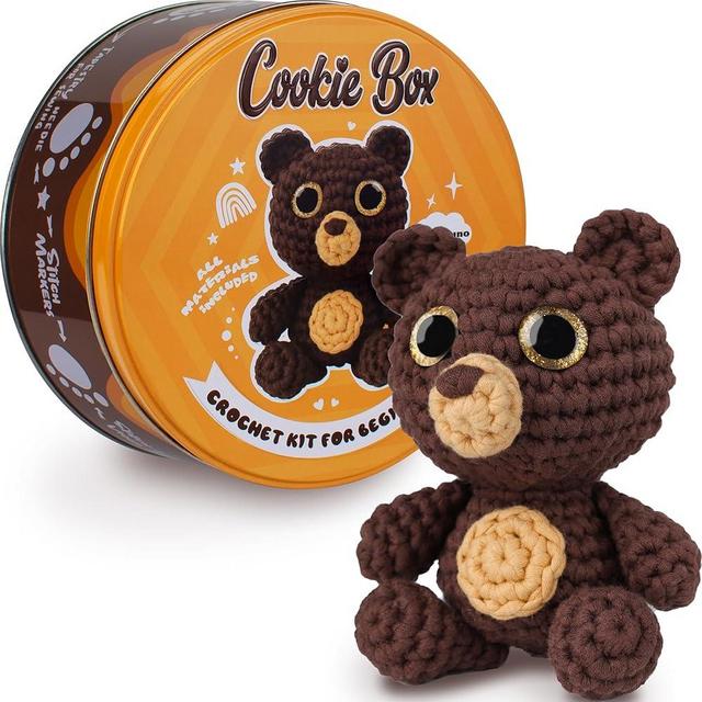 Cookie Box Crochet Kit for Beginners - Learn to Crochet Amigurumi Stuffed Animals - Gift - for Kids (13+) and Adults - Beginner-Friendly Yarn - Stitch-by-Stitch Video Tutorial - Bear Bruno