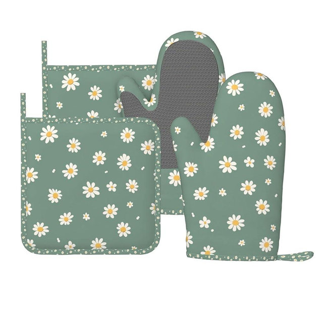 Oven Mitts and Pot Holders Daisy Flower Green Silicone Kitchen Accessories Set of 4 Heat Resistant Long Gloves Potholder Non-Slip Grip for Chef Cooking Baking Grilling BBQ