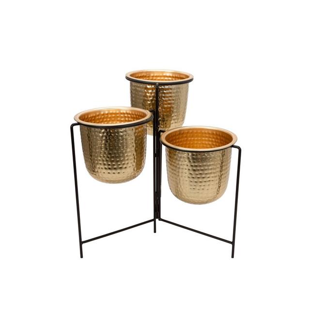 20" Metal Hammered Planter Trio with Stand Gold - Sagebrook Home