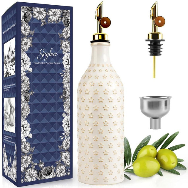 Suybur Ceramic Olive Oil Dispenser Bottle for Kitchen with Gravity Spout, 19 oz Opaque Relief Oil Cruet with Funnel, Oil Container for EVOO, Vinegar, and Soy Sauce (Petal Design)